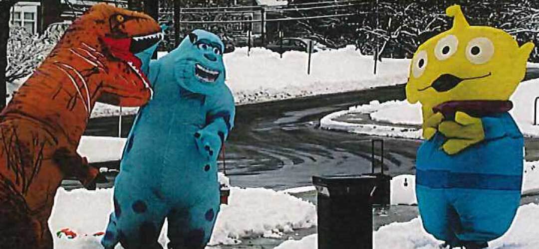 fern-hill-inflatables1 Inflatable T Rex, Sully Monster, and Alien dancing outside of Fern Hill