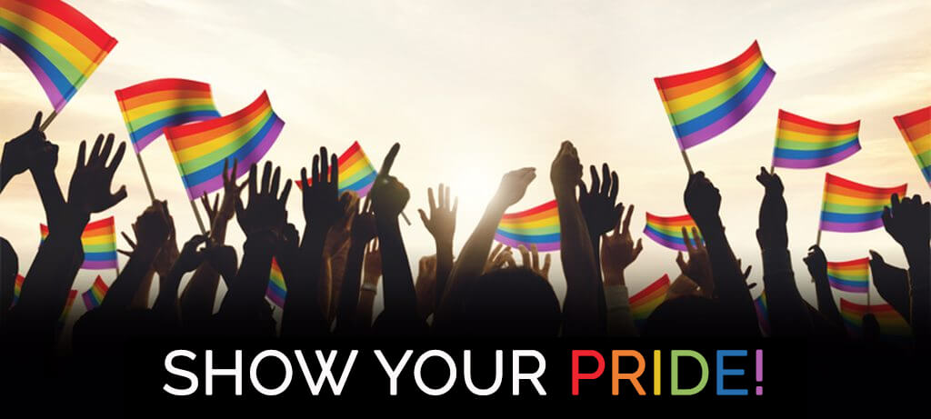 Show your pride graphic with raised hands and rainbow flags
