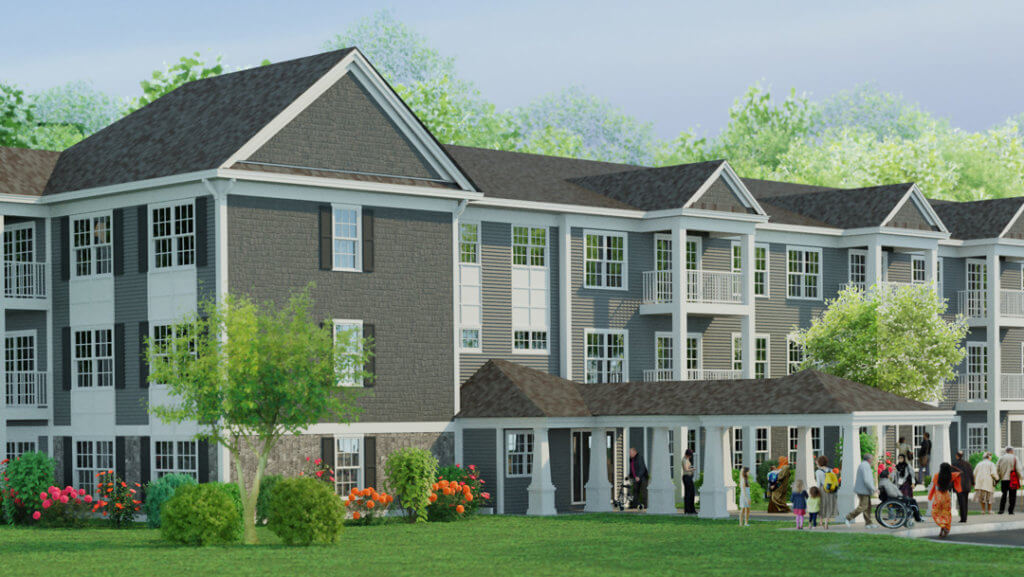 Rendering of colonial style 3 story apartment building with grand covered entryway.