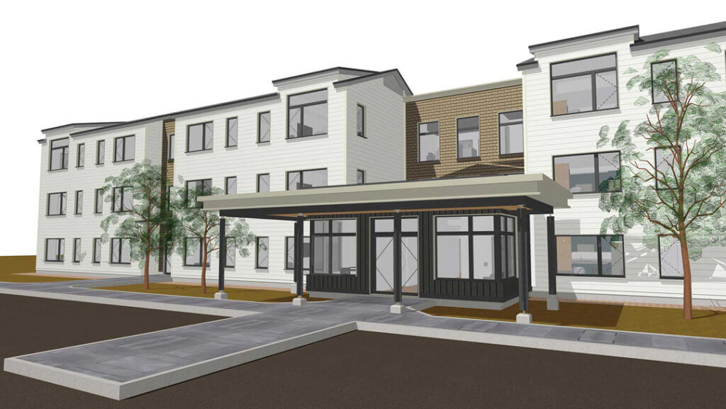 Rendering shows modern 3 story building with large covered entryway.