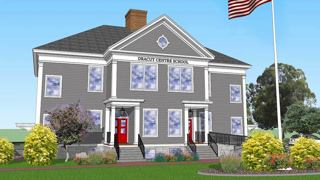 Colonial style grey two story building.