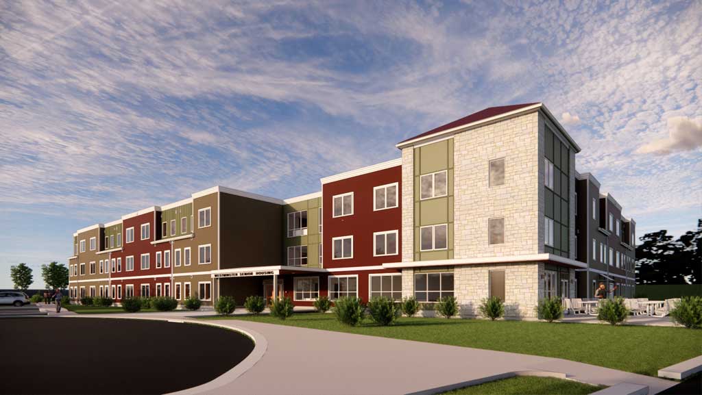 Modern apartment building 3 stories.